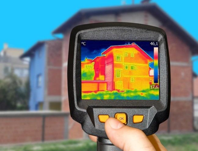 Cámara termográfica mostrando el mapa de temperaturas de una vivienda: termografía de edificios