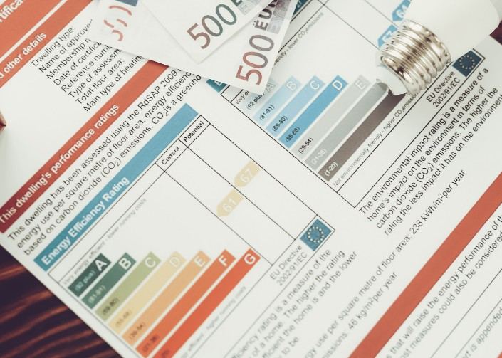 Subvenciones para eficiencia energética en Mallorca Certificado de eficiencia energética con billetes de euro y una bombilla: documentación del certificado energético