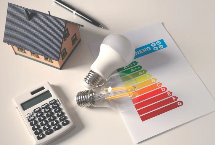 Maqueta de casa, bombillas y calculadora sobre una etiqueta de eficiencia energética: coste del certificado energético